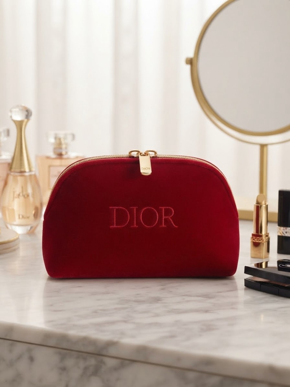 Dior Burgundy Velvet Cosmetic Case with Gold Zip